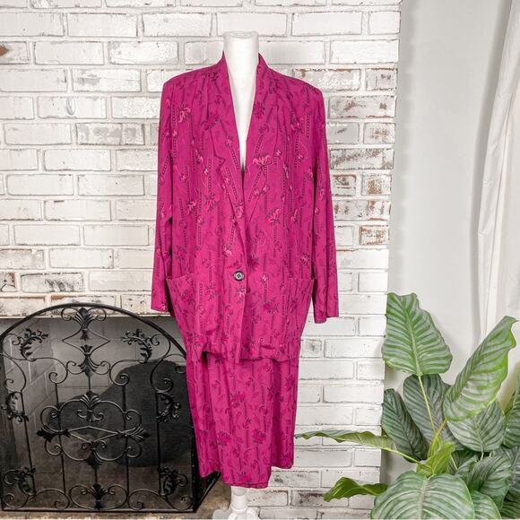 Vintage 80s Magenta Pink Floral Boho Southwestern Print Blazer Skirt Set 14 - Picture 6 of 11